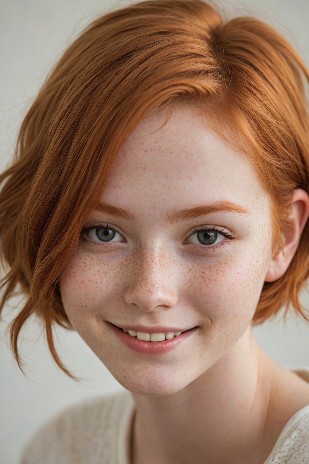 18 yo girl, beautiful, short ginger hair, freckles, shy smile, beautiful, natural skin, textured skin,sam yang style