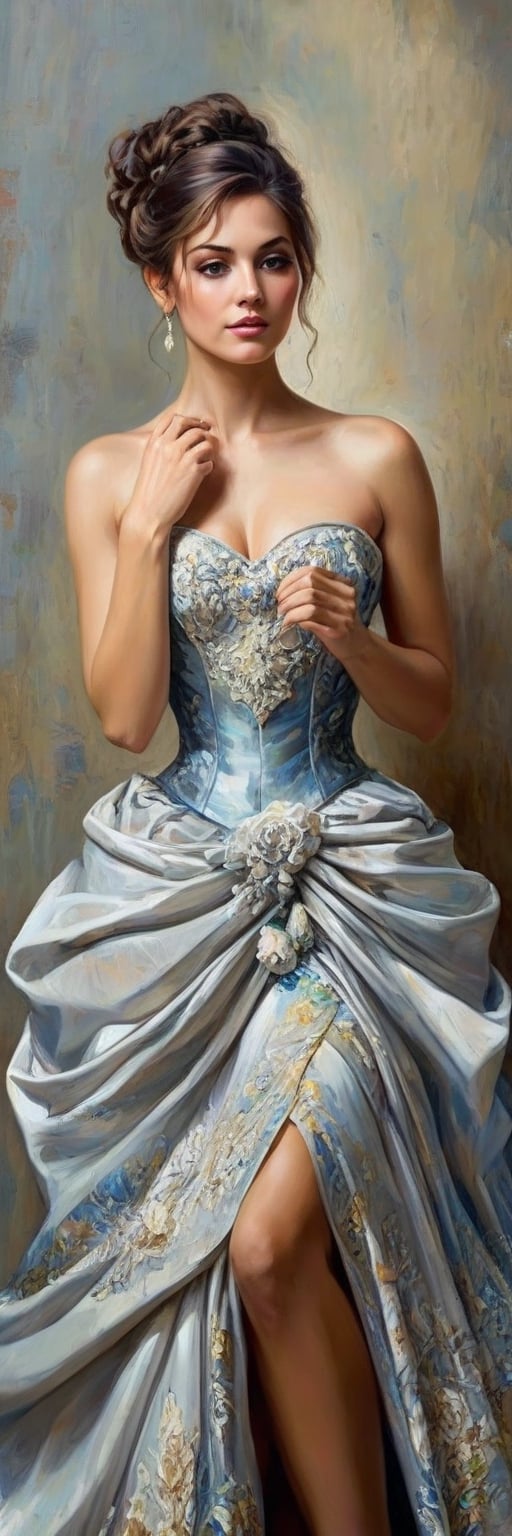 A richly textured oil painting of an elegant woman in a vintage gown, the thick brushstrokes giving life to her curled hair and the fabric’s intricate patterns,crystal_clear