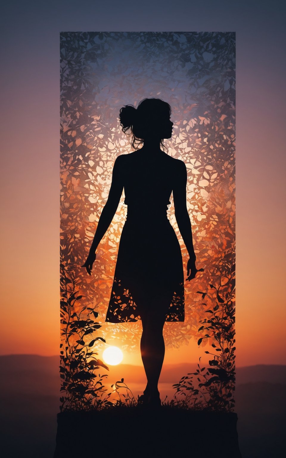 (masterpiece, best quality:1.2), 1girl, solo,standing_split, Silhouette Art of 1girl, multiple exposure, sunset, enhance, intricate, (best quality, masterpiece, Representative work, official art, Professional, unity 8k wallpaper)
