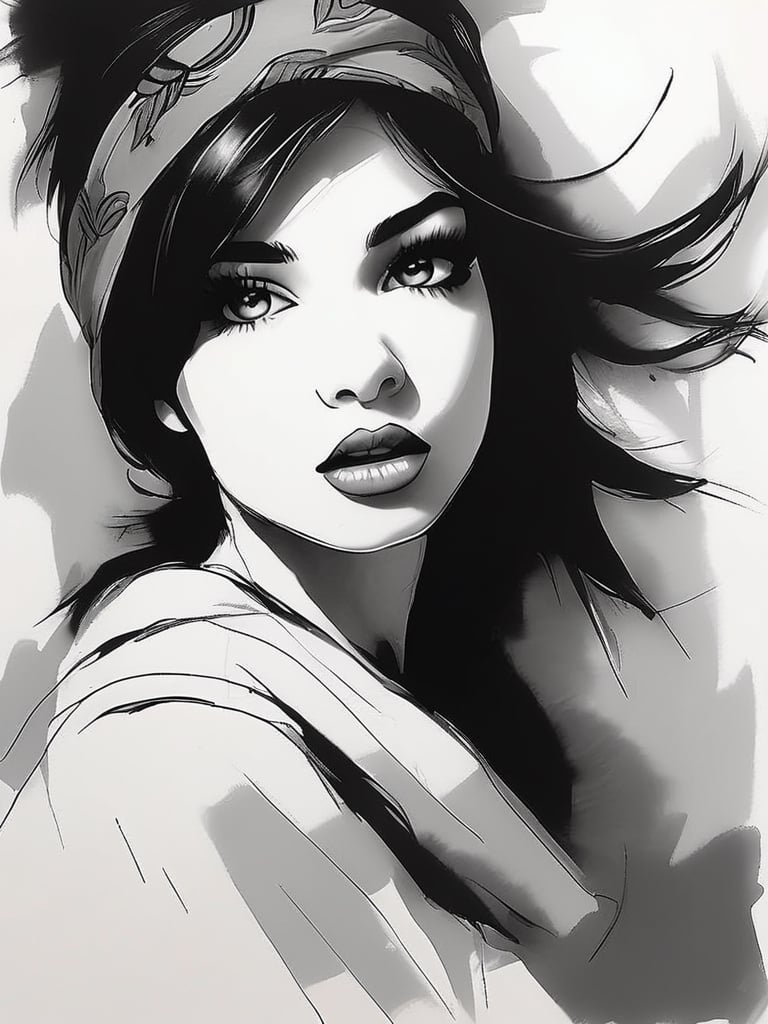 19 yo beautiful european girl,  black hair, thin bandana, eye makeup, big eyelash, fluffy  lips, open mouth, by vovin, grey eyes, portrait, rough sketch, minimalist sketch, black white sketch and some random colored touch, art_booster