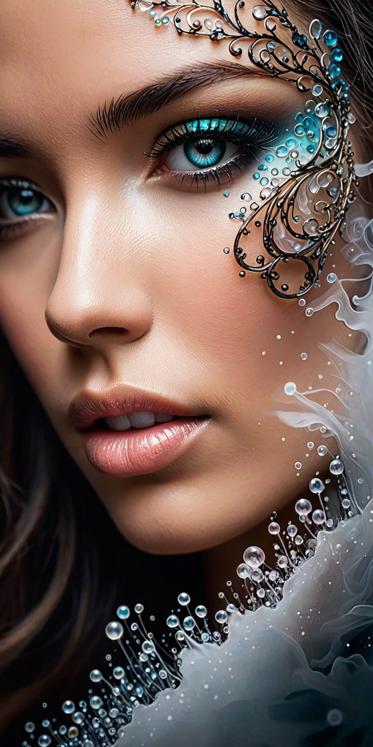 mysterious beautiful woman, perfect face and eyes, Alcohol ink, splatter art, oil painting, smoke, Miki Asai Macro photography, close-up, Fantastic Realism and Sharp Focus, Mysterious Filigree Elements, Glowing Accents,fantasy art