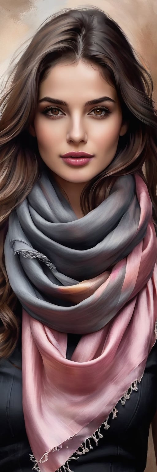 Hyper realistic image of a 25-year-old Mediterranean beauty, her dark chestnut hair flowing freely, adorned with a slender silk scarf. Her deep hazel eyes are highlighted by subtle smoky makeup, and her full, rose-tinted lips part slightly in a whisper of a smile. The portrait captures her in a minimalist style, with bold charcoal lines and splashes of watercolor in earthy tones