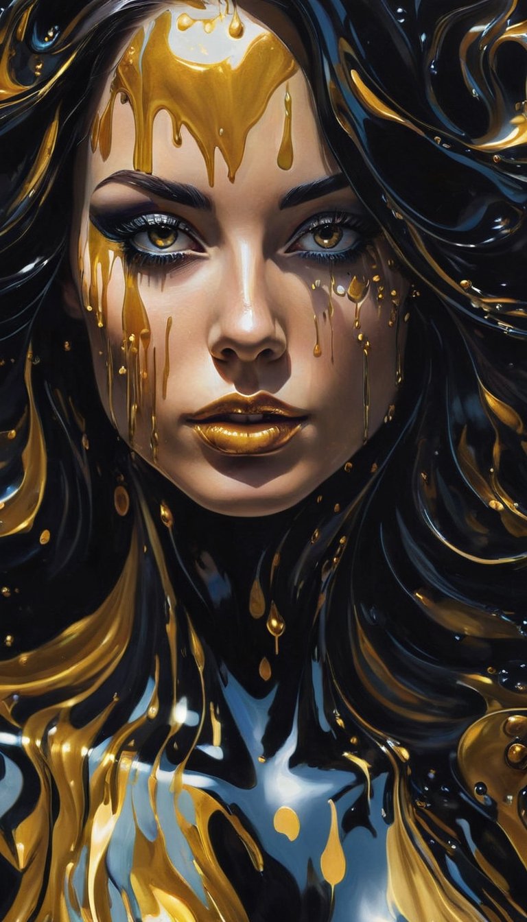 (close-up front view:1.8), dark gold theme, psychedelic, dark noir style,   Greg Rutkowski, (((detailed portraite of a beautiful female face))), long black hair, symmetry eyes and iris, in liquid gold liquid dress, huge liquid black oil splash and droplets, colorful, luminism, bioluminescence, studio lighting, hyper detailed, (masterpiece, best quality:1.4), ray tracing reflection, sharp focus, shallow depth of field detailed background, (ultra realistic:1.2), 16k resolution.
,greg rutkowski,Leonardo Style