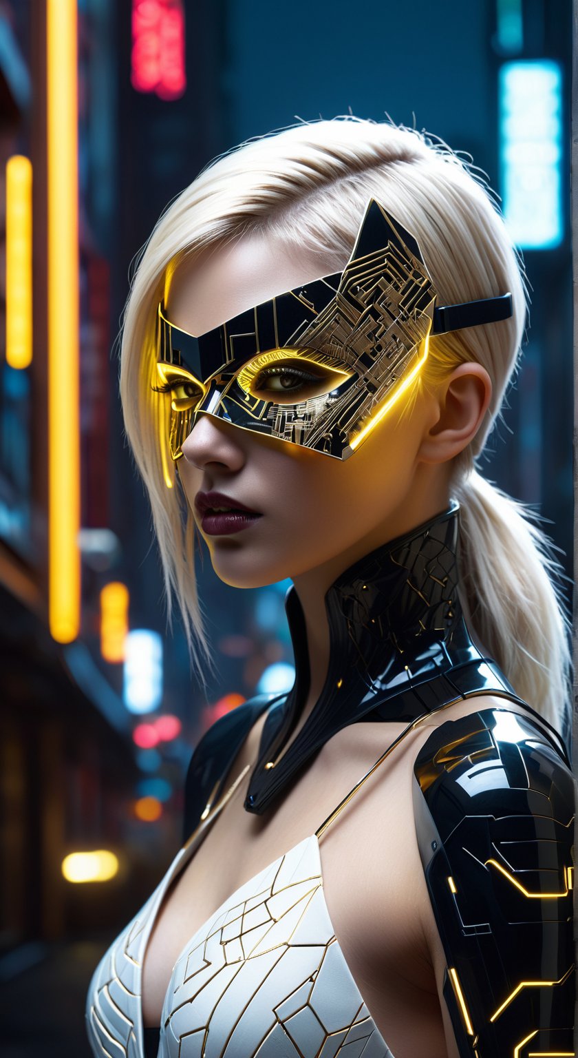 A cyber-noir portrait emerges: a young woman with platinum blonde hair contrasts against the ink-black cyberpunk cityscape veiled behind her. Her hair is undercut with neon tracers that emulate the city's electric veins, a stark silhouette against the night. She wears a high-tech dress, its white fabric edged with angular, black graphene accents. The dress, embossed with interactive gold leaf circuits, reacts with subtle luminescence to her movements. Half her face is obscured by a shattered porcelain mask, now integrated with obsidian-black nanofibers and golden circuitry that whirs silently, reflecting a world of shadows and artificial light. The mask's eye socket glows ominously, revealing her serious expression through a visor displaying cryptic data streams. Dramatic underlighting carves out her figure, casting her in a web of shadows and accentuating the fine, dark details of her cybernetic enhancements, crafting a portrait that is provocatively cyberpunk yet rooted in a dark, textured reality.
