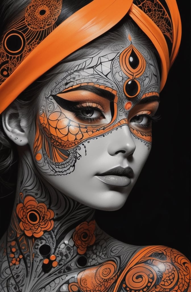 (facepaint,face tattoos), Wet black and orange color inks line art dreamy female portrait with lot of lace filigrees on black canvas illustration described in the perfect fractal style of Vassily Kandinsky, bailing-traditional opera,nude, upper body, 
(masterpiece, top quality, best quality, official art, beautiful and aesthetic:1.2),
