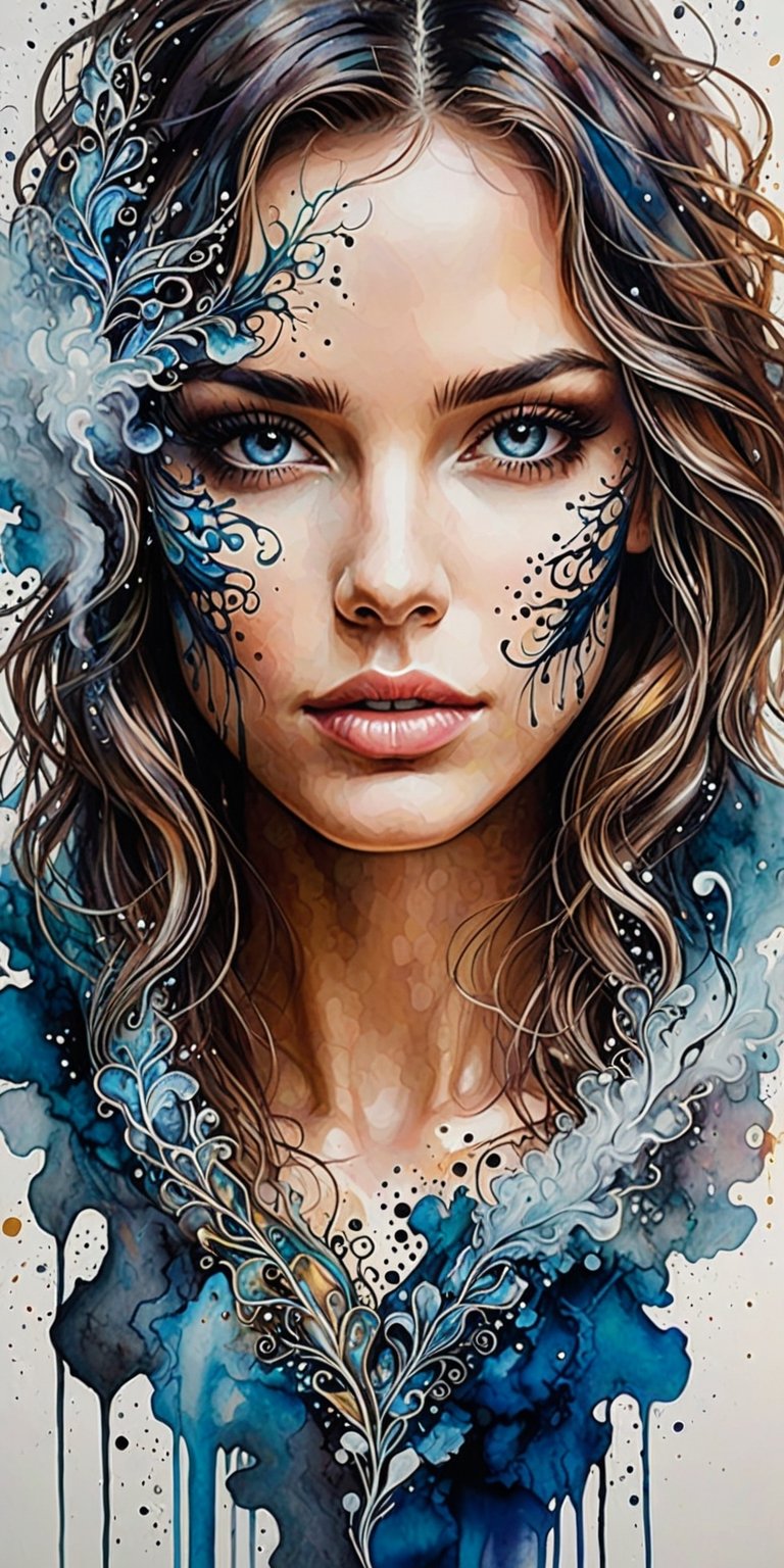 mysterious beautiful woman, perfect face and eyes, Alcohol ink, splatter art, oil painting, smoke, Fantastic Realism and Sharp Focus, Mysterious Filigree Elements, Glowing Accents,fantasy art