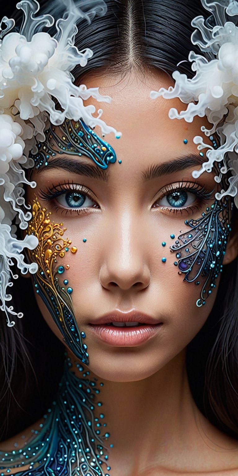 mysterious beautiful woman, perfect face and eyes, Alcohol ink, splatter art, oil painting, smoke, Miki Asai Macro photography, close-up, Fantastic Realism and Sharp Focus, Mysterious Filigree Elements, Glowing Accents,fantasy art