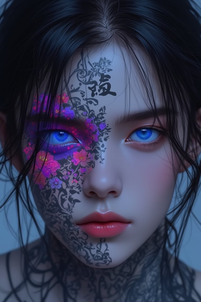 Hyper-realistic portrait of a young woman with glowing blue eyes, intricate facial tattoos blending Asian calligraphy and abstract floral patterns, vibrant magenta, purple, and yellow hues on one side of her face, featuring a prominent kanji character, bold magenta lips, soft porcelain skin, monochrome grayscale with vivid color accents, tousled and dynamic hair framing the face, soft ambient lighting, cyberpunk and mystical aesthetic, high-detail, ethereal and intense expression, soft image, style raw, stylize 200