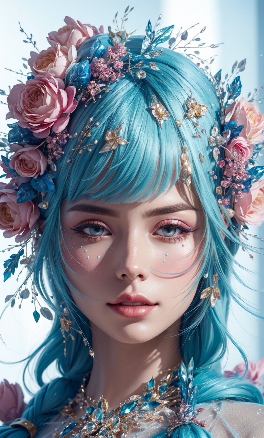 extremely detailed illustration of gorgeous woman wearing haute couture, stylish, backlit, highly illuminated, colorful crystal, awesome hair, closeup, visually rich, raytraced, whimsical, JRPG, enchanting, emotionally evocative, detailed environment, fantastical, imaginative, visually rich, atmospheric, zoomed, flat lighting, 2d, cartoon, vector, rocks, flowers, dynamic pose,DeepJourney,glitter,shiny