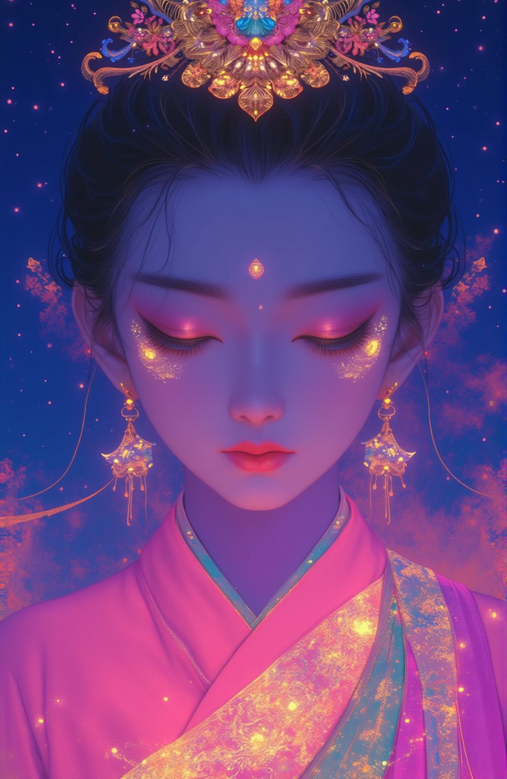 Starry sky, fluorescent art, surrealism, C4D, transparent fluid, avant-garde dress and style, Korean illustration color system, a young Bodhisattva, front view + close-up, minimalism, contrasting colors, bright colors, pink primary color, green + magenta secondary colors, pink main tone, elegant, healing, tranquil picture