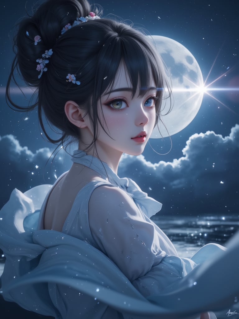 Majestic fusion of moonlit serenity and poignant longing. In a soft, high-res glow, Furina's tear-stained face reflects the gentle luminescence, as if the moon itself weeps with her. Her heterochromic eyes, pools of unshed tears, gaze back with a mix of sadness and wistfulness. Long sleeves flow like mist around her slender arms, framing the delicate scene. As she tilts her head, a subtle smile plays on her lips, a fleeting hint of hope amidst the sorrow. The night's dark veil whispers secrets to the glass, while Furina's tears fall like diamonds in the moon's gentle light.