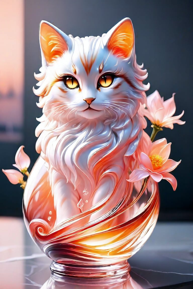 Immerse yourself in a breathtaking scene: an elegant crystal glass vase, its graceful curves showcasing a mesmerizing liquid cat, formed by marbled orange and white fluid swirling into a feline silhouette with wavy motion. Large eyes and long tail complete the cat's allure. Soft pink petals from pastel flowers float around the vase, set against a gentle gradient background. Anime-inspired thin linework and vibrant colors bring forth glossy textures, hyper-detailed in 8K resolution. This masterpiece exudes best quality, sharp focus, and watery serenity.,3D,PVC