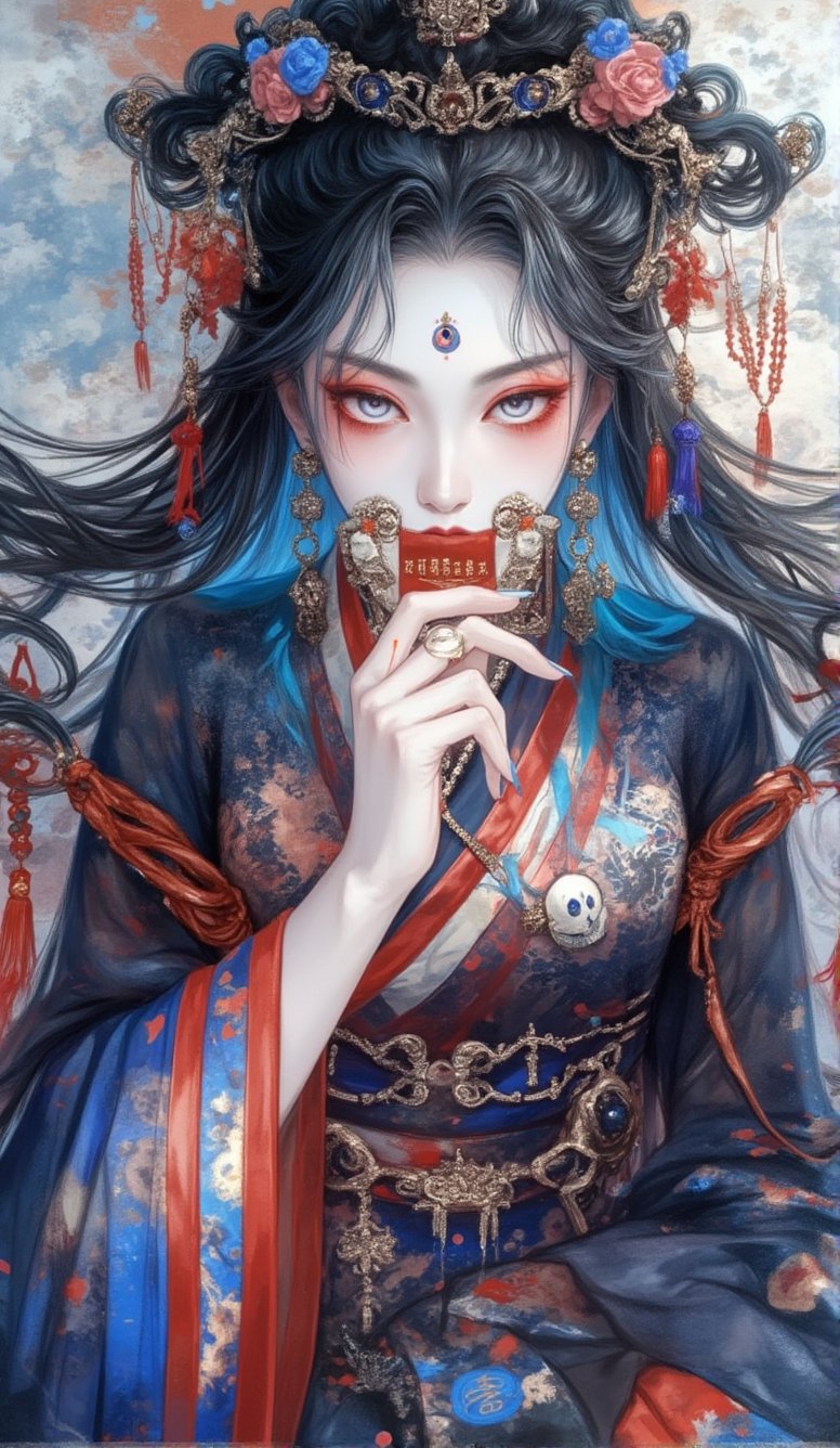 blue eyes, holding, solo, looking at viewer, jewelry, facial mark, earrings, 1girl, upper body, long sleeves, blood, forehead mark, flower, tassel, black hair, makeup, chinese clothes, hair ornament, eyeshadow, talisman, hand up, covered mouth, skull, fingernails, eyelashes, blue hair, blue theme, wide sleeves, long hair, holding card, beads