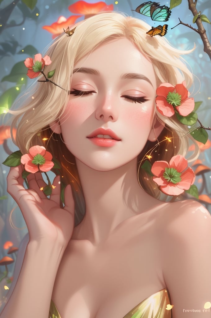 Fantasy in a glass, eyes closed, "ethereal roses, cute animals, glowing little mushrooms surrounded by delicate leaves and branches, and fireflies and glowing particle effects", (natural elements), (jungle theme), (leaves), (branches), (fireflies), butterflies, (delicate leaves), (glow), (particle effects), super realistic, super detailed, dramatic lightning, 4k, masterpiece,