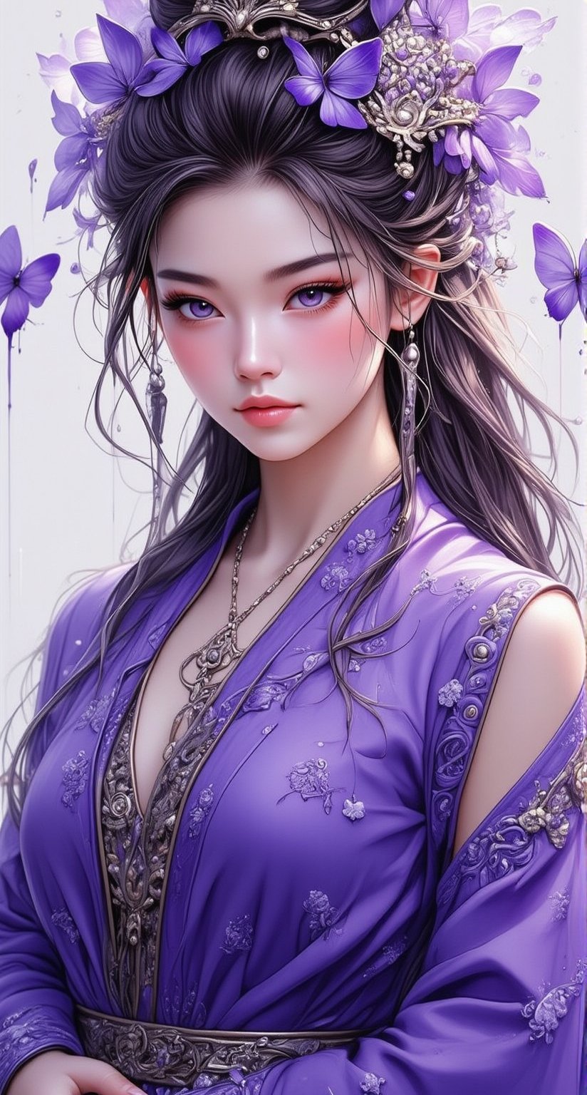 miao gu female, dressed in purple, with complicated silver ornaments on her head, purple eyes, purple butterflies, tall stature, wearing tassels on her waist, clear face, best quality, long hair, splash ink background, super details, super high-definition, eye shadow, beautiful women, rich details, fine hair, dreamy eyes, different pupils, delicately depicting face, delicately depicting eyes, delicately depicting clothes, delicately depicting background, niji 6