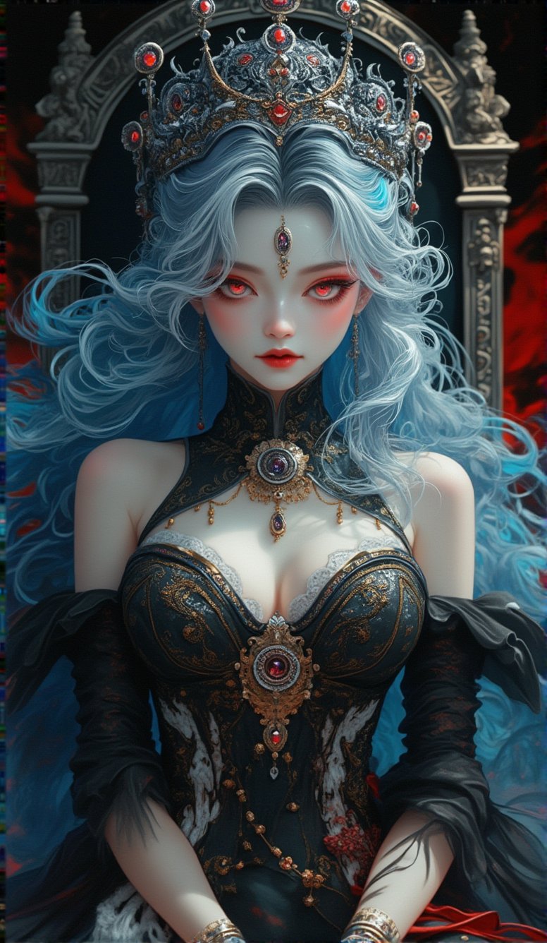 (masterpiece), (best quality), illustration, ultra detailed, hdr, Depth of field, (colorful), loli,a girl ,solo,bare shoulders,flat_chst,diamond and glaring eyes,beautiful detailed cold face,very long blue and sliver hair,floaing black feathers,wavy hair,black and white sleeves,gold and sliver fringes,a (blackhole) behind the girl,a silver triple crown inlaid with obsidian,(sit) on the black ((throne)), (depth) of (field) 