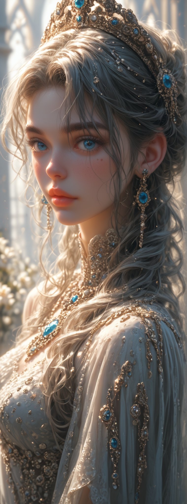 A highly detailed portrait of a beautiful young woman with striking blue eyes, delicate makeup, and full lips. Her hair is styled elegantly with soft curls and adorned with small pearls. She is wearing an exquisite, intricately designed dress covered in delicate embroidery with flowers, pearls, and gemstones in shades of pink and silver. The light creates a soft glow on her skin, highlighting the texture of the fabric and the sparkle of the jewels. The background is softly blurred, emphasizing her graceful features and the ornate details of her attire." --chaos 30 --style raw, stylize 