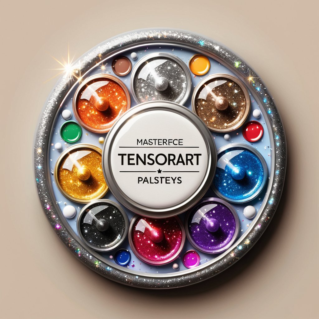 (Top quality, high resolution badge, masterpiece), ultra detailed, simple background, painting pallete, (text: TensorArt), paint tubes, brushes, glitter