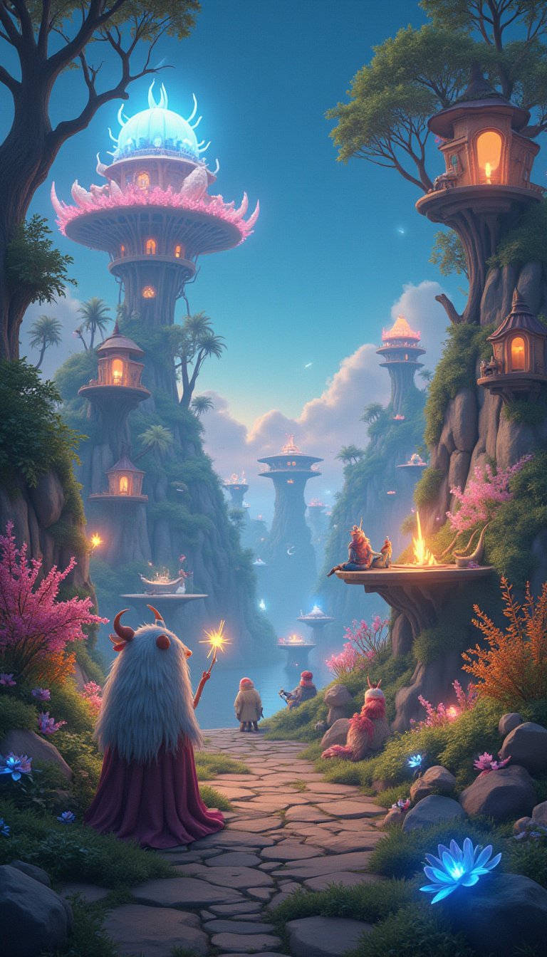 An imaginative and artistic scene of a fantasy world, with a vibrant landscape that includes floating islands, luminescent flora, and whimsical non-human creatures. The creatures are depicted as friendly and whimsical, engaged in peaceful activities that showcase their harmonious existence. Architectural structures with surreal designs dot the landscape, integrating seamlessly with the natural wonders. The atmosphere is filled with soft glows and bioluminescent lights, casting a magical radiance throughout the scene. The color palette is rich and diverse, featuring a range of vivid colors that add depth and vibrancy to the world. This enchanting scene is suitable for a storybook or a family-friendly fantasy film, designed to inspire wonder and captivate the imagination, free from any explicit or inappropriate content. robiness. masterprompter.