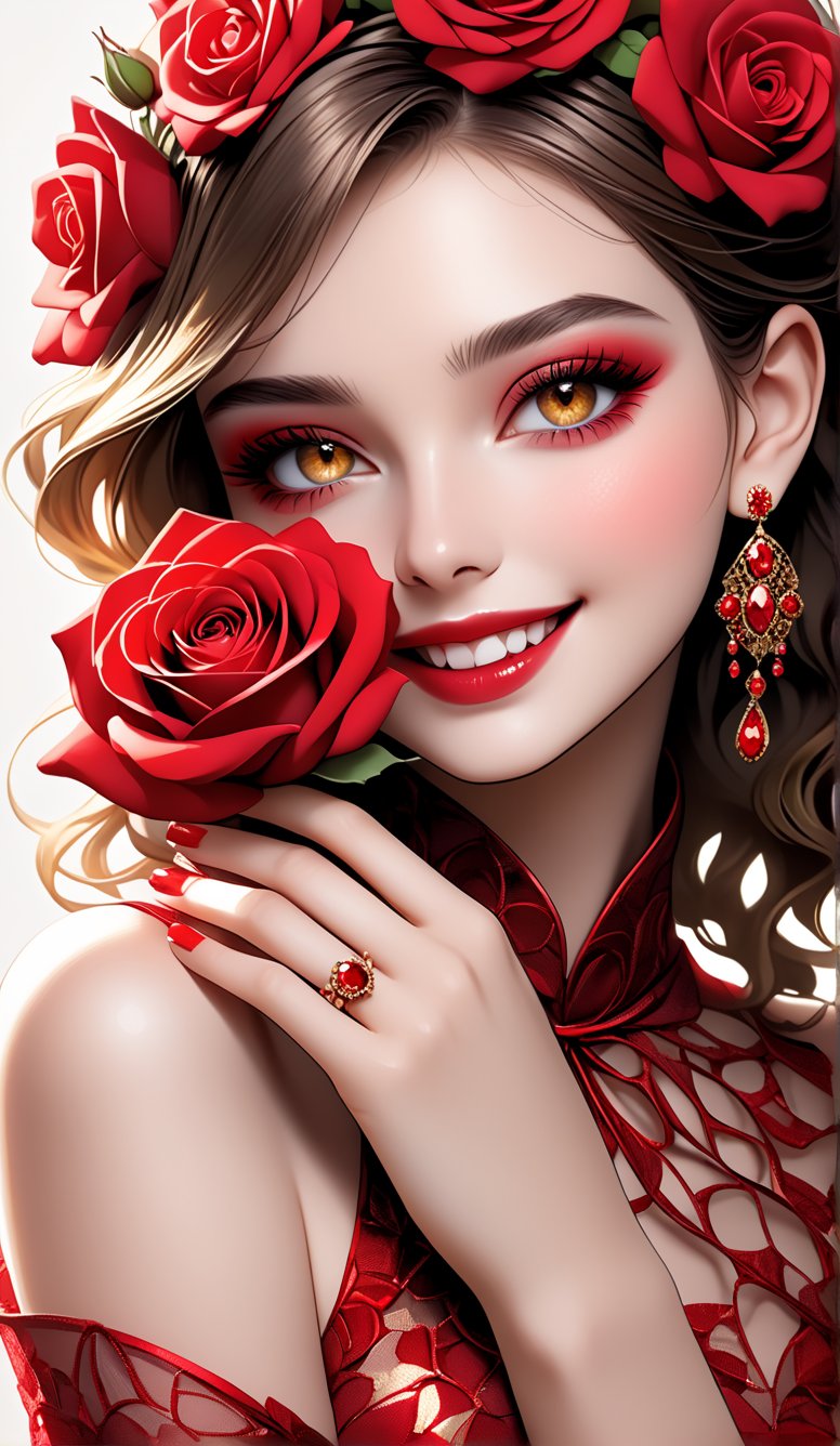 Glowing red rose, shades of red, Closeup of beautiful and highly detailed manicured hands with rose patterns, a stunningly beautiful smiling joyful sophisticated golden-eyed woman’s face, shades of red rose accents, side angle, surrounded by rose effect, model makeup, smokey eyes, smooth flawless pale skin, stunning colour gradation between different shades of red, perfectly intricate and highly detailed, outstandingly perfectly beautiful --chaos 5 --ar 4:5 --stylize 500 --niji 6