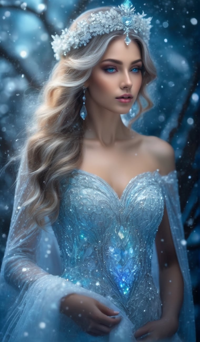 8K Ultra HD, portrait highly detailed, 
(Close up view):1.5, (view from above):1.5,
behold a captivating and ethereal spirit of 
a 20-year-old beautiful ice queen, half body,   fashion shoot,  radiant and luminous eyes, a hand on her face, gracefully adorned with the essence of blooming flowers, Her long flowing hair, like silken threads of sunlight, cascades gracefully down her back, interwoven with delicate floral accents that mirror the surrounding blooms. radiant and luminous eyes, sparkle with a hint of magic and mystery, 
Her white panties is a delicate and masterpiece, 
wearing a crystal hair accesories, crafted from petals and leaves, each piece carefully chosen to complement her ethereal beauty, In her hand, she holds a delicate bouquet of the most exquisite flowers, their vibrant colors mirroring her own radiant aura, Highest quality, cinematic movement, dynamic pose ,SDXL,
(christmas environment, christmas tree, christmas decorations, christmas gift boxes):10.0, anime style, An ice world, A passionate Ice Queen (similar to Elodie Guipaud and Celina Ralph) on a branch of an ice tree,  ice droplets,
Art by Kinuko Y. Craft and Josephine Wall,  Stephanie Law,  Linda Ravenscroft, Fairytale-like atmosphere. Soft,  tender. Bokeh. In the style of Josephine Wall and Takashi Murakami and Boris Vallejo,  style of Greg Rutkowski