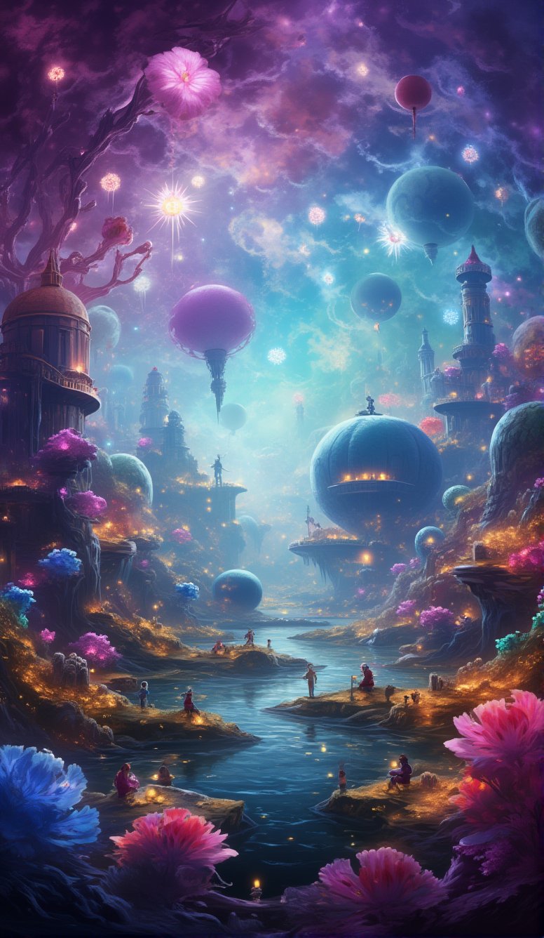 An imaginative and artistic scene of a fantasy world, with a vibrant landscape that includes floating islands, luminescent flora, and whimsical non-human creatures. The creatures are depicted as friendly and whimsical, engaged in peaceful activities that showcase their harmonious existence. Architectural structures with surreal designs dot the landscape, integrating seamlessly with the natural wonders. The atmosphere is filled with soft glows and bioluminescent lights, casting a magical radiance throughout the scene. The color palette is rich and diverse, featuring a range of vivid colors that add depth and vibrancy to the world. This enchanting scene is suitable for a storybook or a family-friendly fantasy film, designed to inspire wonder and captivate the imagination, free from any explicit or inappropriate content. robiness. masterprompter.