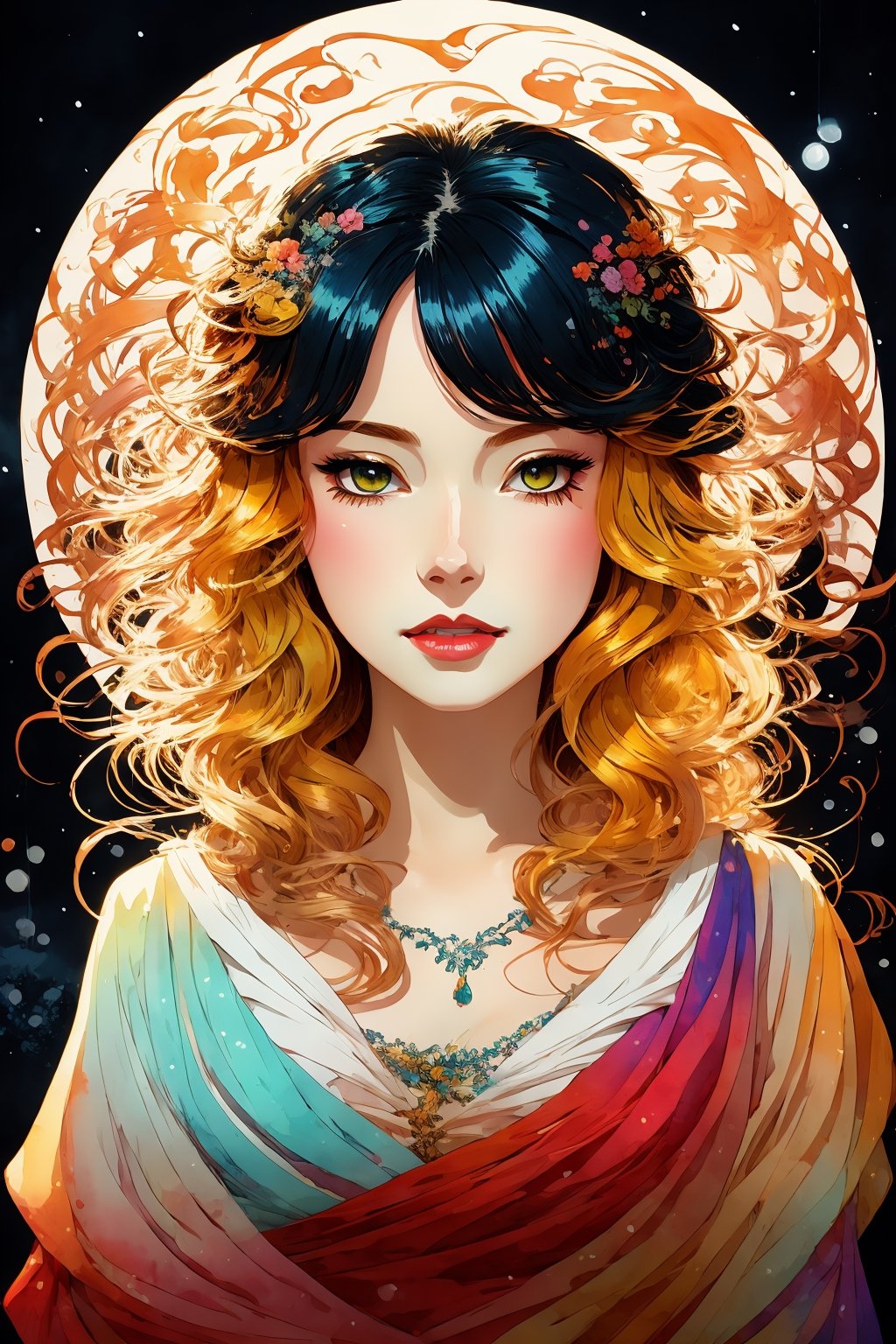 princess Snow White with big bobs, red yellow gradient hair, love, detailed digital anime art, night, dark lighting, magic, folk, watercolor painting, elegant, digital painting, artstation, concept art, smooth, sharp focus, illustration, art by Studio Ghibli and alphonse mucha and James Eads, 8k, bright colors, lofi color