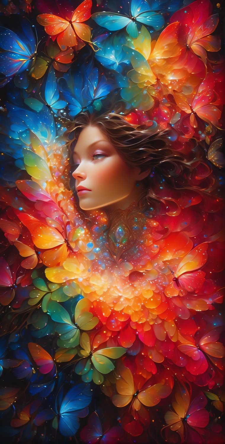 fashion shoot, beautiful goddess, perfect sweet face and eyes, Alcohol ink, splatter art, multicolor oil painting, Miki Asai Macro photography, long blowing hair, Fantastic Realism and Sharp Focus, Mysterious Filigree Elements, filigree red drops, filigree multicolored buterflies, Glowing Accents, fantasy art, watce, golden appear naturally, symmetrical, glowing crystals