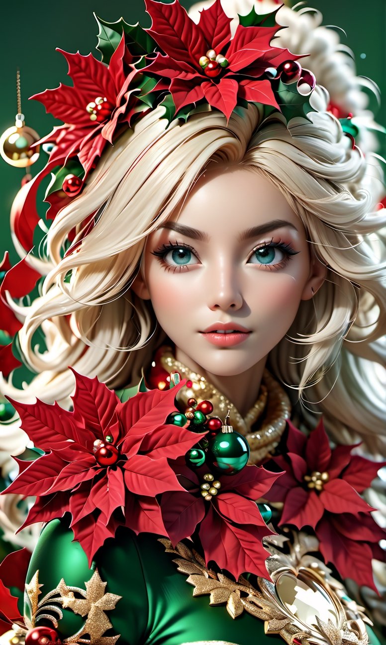 Intricate image of a Beautiful christmas woman with flowy flowe-like hair, work of beauty and complexity, poinsettia christmas flower, glass christmas balls, hyperdetailed facial features, 8k UHD, close-up, alberto seveso style ,ral-chrcrts