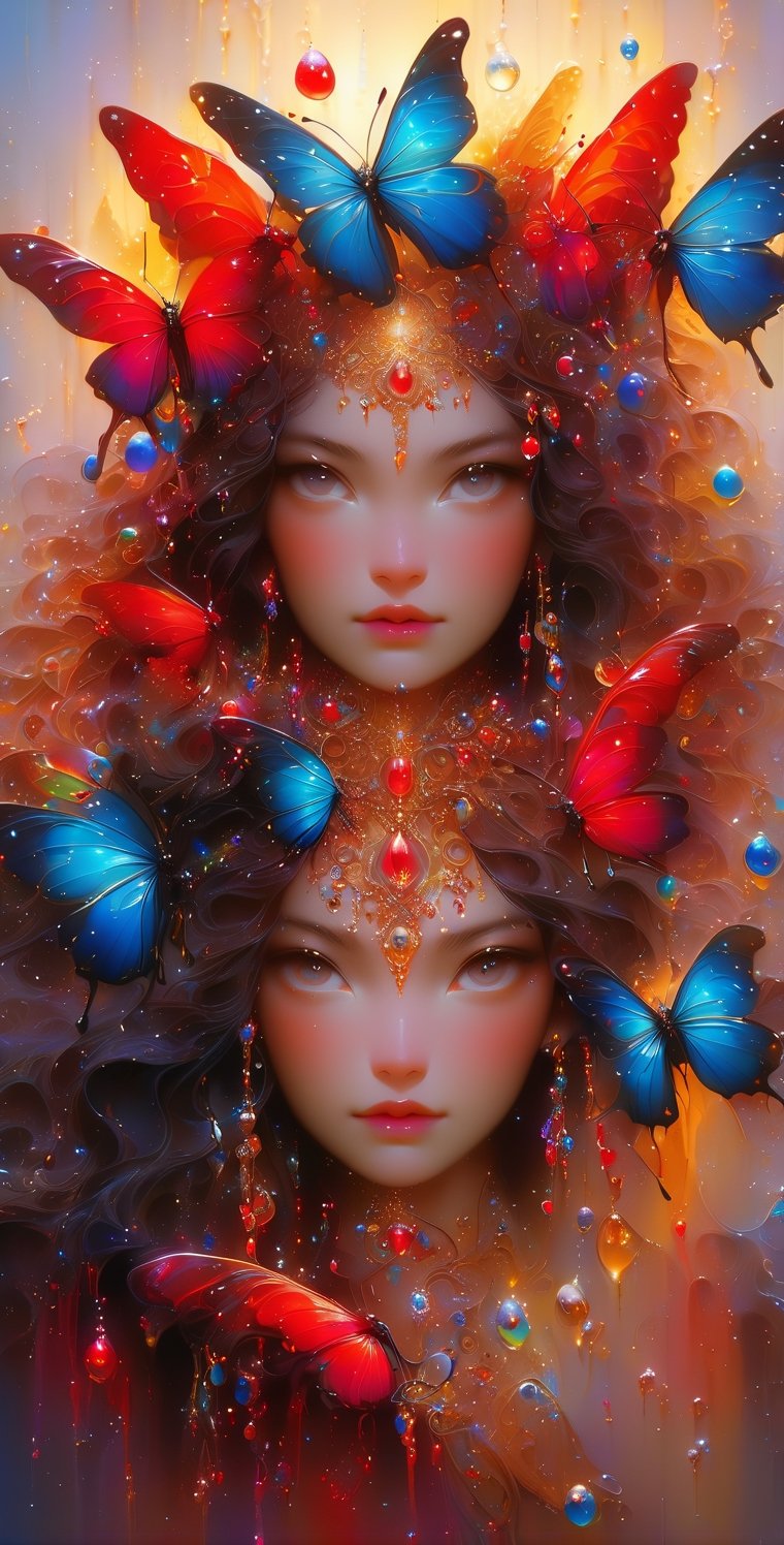 fashion shoot, beautiful goddess, perfect sweet face and eyes, Alcohol ink, splatter art, multicolor oil painting, Miki Asai Macro photography, Fantastic Realism and Sharp Focus, Mysterious Filigree Elements, filigree red drops, filigree multicolored buterflies, Glowing Accents, fantasy art, watce, golden appear naturally, symmetrical, glowing crystals