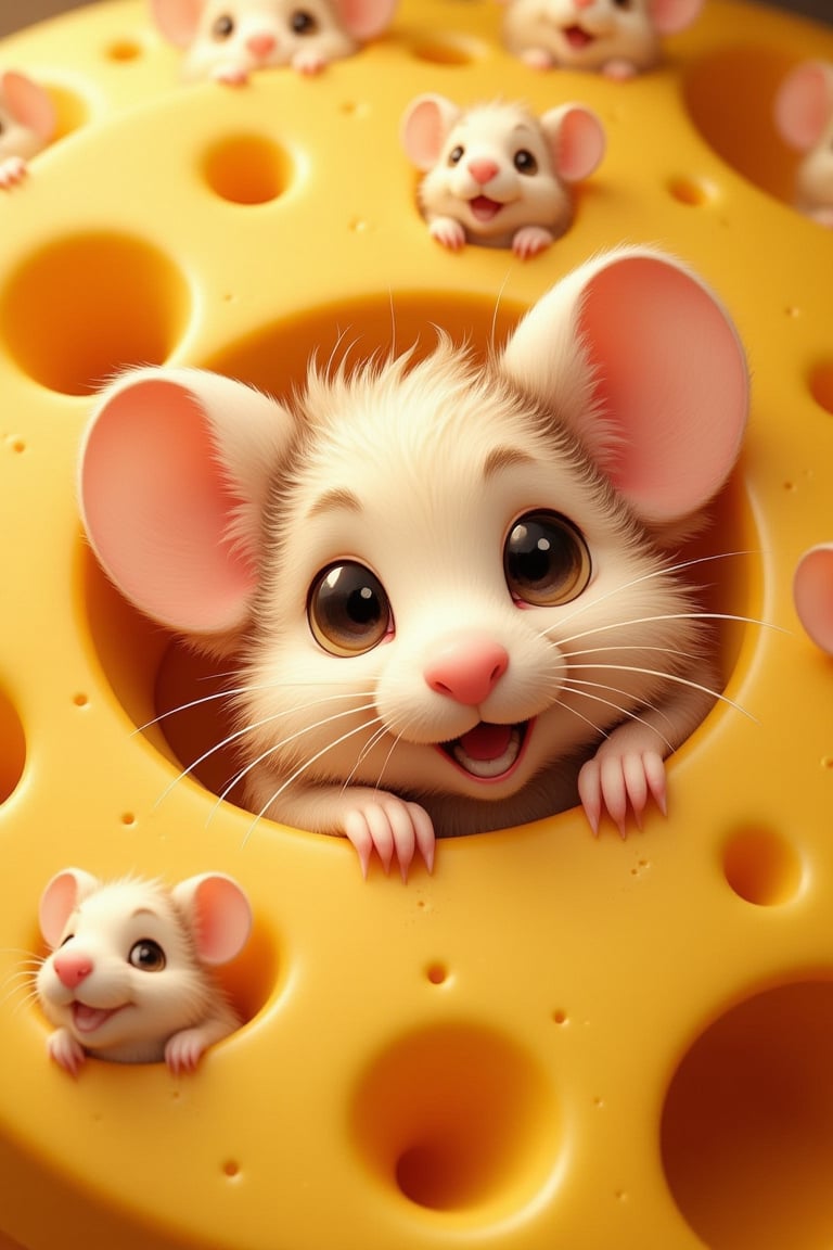 A huge piece of cheese with holes. Cute little mice's faces are peeking out of the holes. The mice have pink noses and black round eyes. Some mice are surprised, and some are very happy. Adorable, cute, funny. realistic, higly detailed, vivid colors, cozy atmosphere