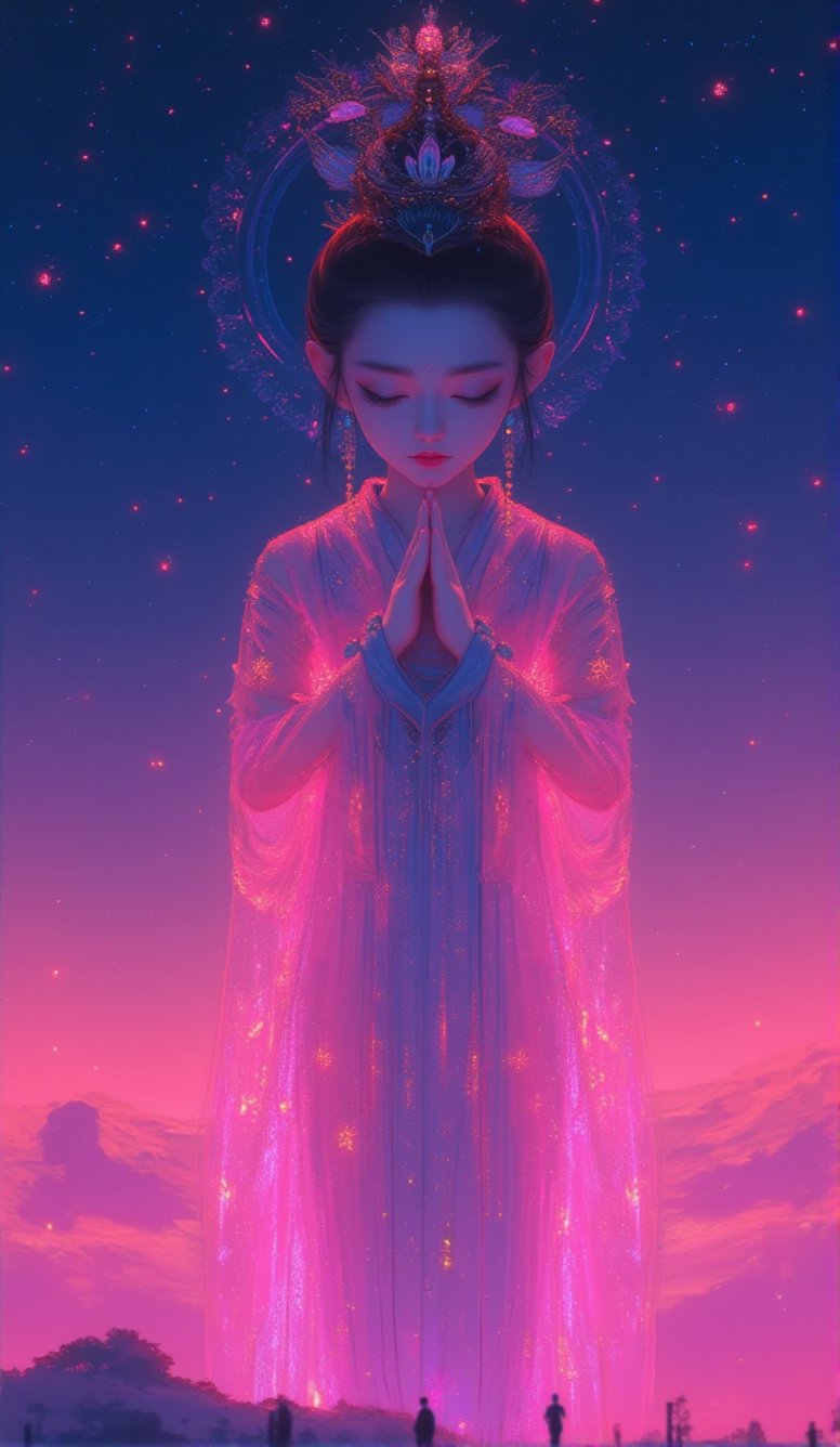 Starry sky, fluorescent art, surrealism, C4D, transparent fluid, avant-garde dress and style, Korean illustration color system, a young Bodhisattva, front view + close-up, minimalism, contrasting colors, bright colors, pink primary color, green + magenta secondary colors, pink main tone, elegant, healing, tranquil picture