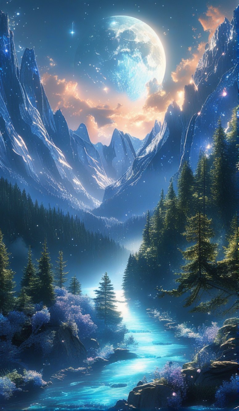 Create a mesmerizing fantasy landscape featuring towering crystal mountains, glowing bioluminescent forests, and a shimmering river of liquid light flowing through a valley under a sky filled with radiant moons.