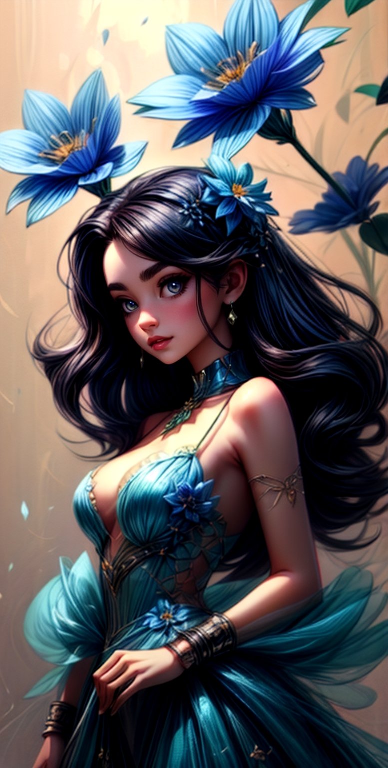 ((rossdraws style)), portrait of a woman with blue flowers in her hair, dress with floral elements, full body, futurism, punk, fantasy art, extremely detailed ,fantasy00d