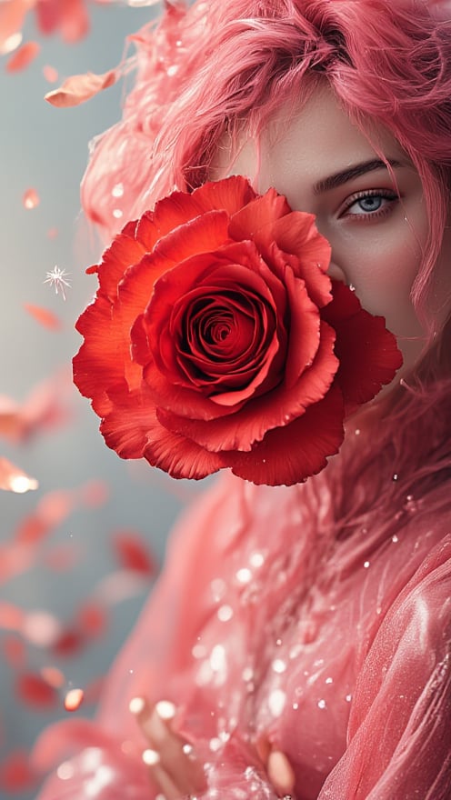 The image features a surreal and artistic composition of a woman whose face is partially obscured by a large, soft red rose. The petals of the rose delicately cover her sparkle eyes and part of her face, creating an ethereal and dreamlike effect. The woman is dressed in a flowing, translucent fabric that appears to be made of soft layers, echoing the delicate nature of the red rose petals. The background is softly blurred, with a gentle, light color red palette that complements the pink tones of the rose and the fabric. The overall mood is romantic and otherworldly, ar 9:16, style raw, stylize 250