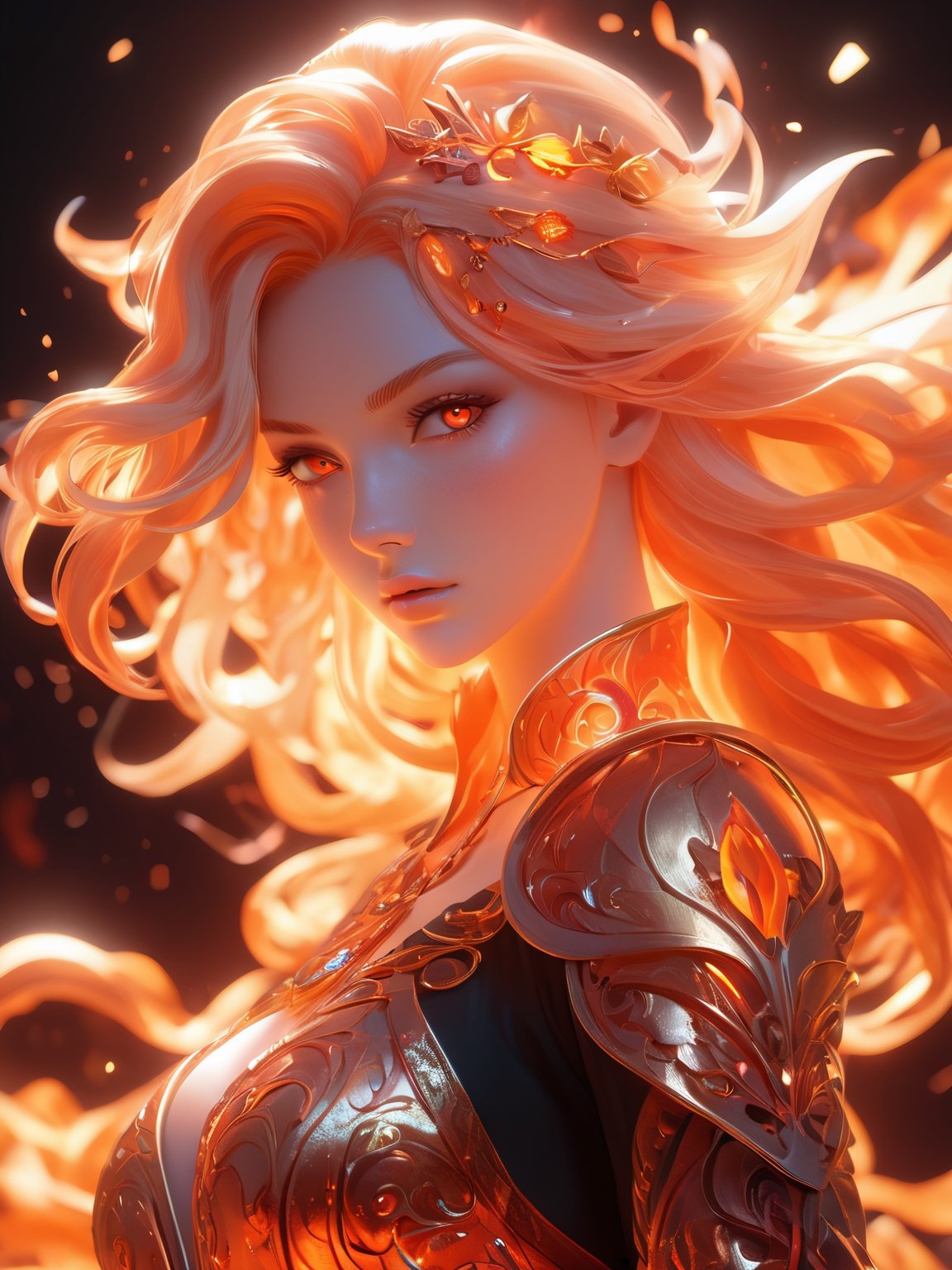 (cute flame goddess, flaming veins), red and orange tones, 4k, full body,big breast), (masterpiece, best quality, ultra-detailed, best shadow), (detailed background, fantasy), princess cloth, (beautiful detailed face), high contrast, (best illumination, an extremely delicate and beautiful), ((cinematic light)), colorful, hyper detail, dramatic light, intricate details, (1girl, 20 year old, solo, blowing messy hair, sharp face, amber eyes, hair between eyes,dynamic angle), blood splatter, swirling black light around the character, depth of field, light particles,(broken glass),magic circle