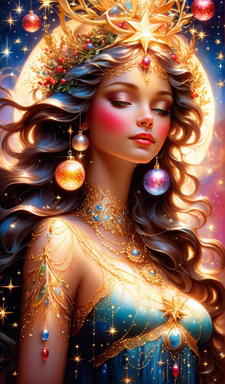 ultra close-up, A mesmerizing and dreamlike illustration of a celestial sweet christmas goddess surrounded by shimmering stars and cosmic energy, glass christmas balls hanging around, glowing christmas lights. This artwork embodies grace and divinity, with intricate details and a celestial color palette. Perfect for spiritual and fantasy-themed wall art, cinematic pose, dynamic. Illustrated by Daniel Merriam and Kinuko Y. Craft. side angle, sweet expression
