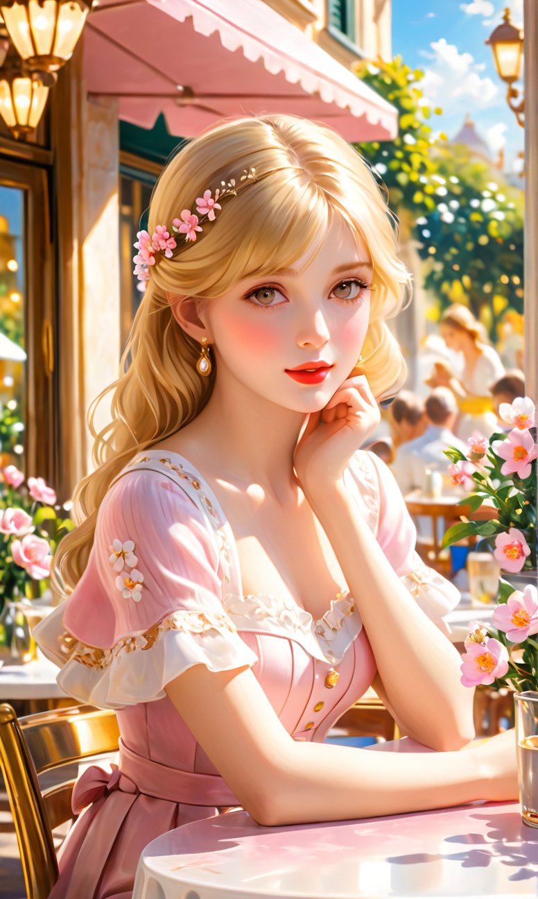 Elegant, gorgeous scene of a beautiful girl sitting in a sunny European cafe with golden summer light outside the table, pink and white flowers blooming scene, Pierre-Auguste Renoir style, impressionism, amazing Marvel at the intricate details. (Masterpiece, Top Quality, Best Quality, Official Art, Beauty and Aesthetics: 1.2), (1 Girl: 1.4), Upper Body, Blonde Hair, Portrait, Extremely Detailed, Ultra Wide Angle, High Angle, High Color Contrast, Medium Shot, Depth of Field , blurred background, simple background, bokeh,