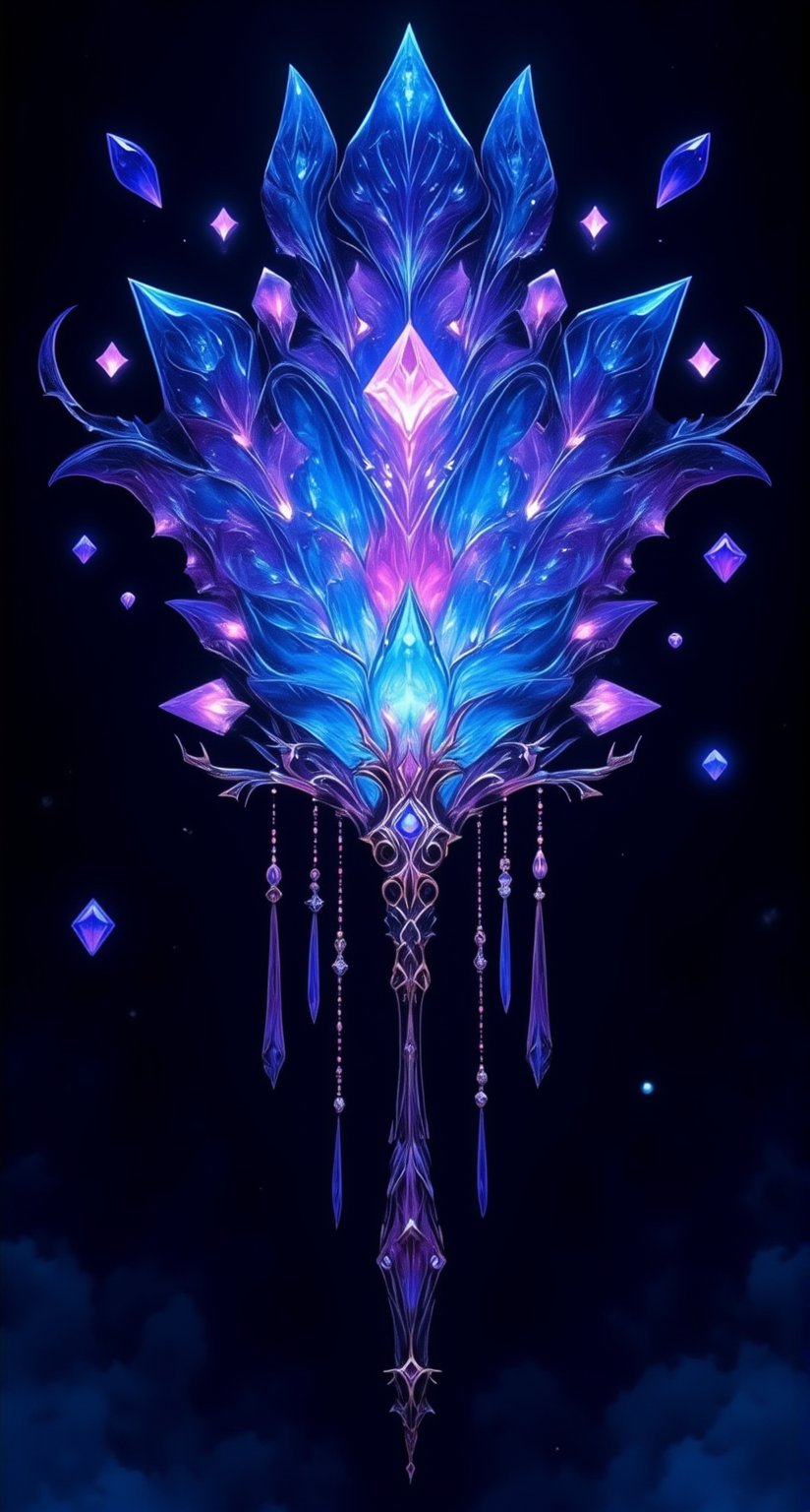 A blue crystal fan with purple diamonds hanging on the wall, in the style of fantasy art, dark background, magical light effect, digital art, 3D rendering, fantasy illustration style, mysterious and dreamy atmosphere, mysterious fantasy elements, gorgeous tassel decorations, fantasy lights, mysterious symbols, magical creatures, stylize 700, niji 6