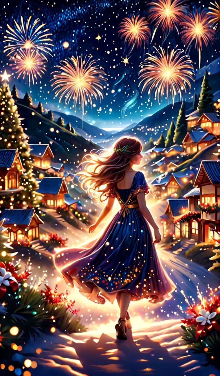 "Create an enchanting scene of a 25 young girl dancing of a hill under a fireworks sky, lost in contemplation. Celebrating New Year. Capture the serene landscape of a christmas lush village, adorned with Christmas tree. serene and hopeful look, she is wearing a beautiful luxury dress reflecting the carefree ambiance of the night. Emphasize the movement of her hair swaying in the wind, adding a dynamic touch to the composition. Include elements such as christmas ligths to enhance the dreamlike atmosphere of the celestial christmas. Highlight any accessories or items she may hold, contributing to the narrative. Illuminate the scene with the soft glow from the stars above and ambient ground lights. In this 300-character prompt, weave a visual tale of a thoughtful girl navigating the hill, merging the tranquility of nature with the magic of the night sky.",High detailed ,firefliesfireflies,yofukashi background,LinkGirl,skptheme