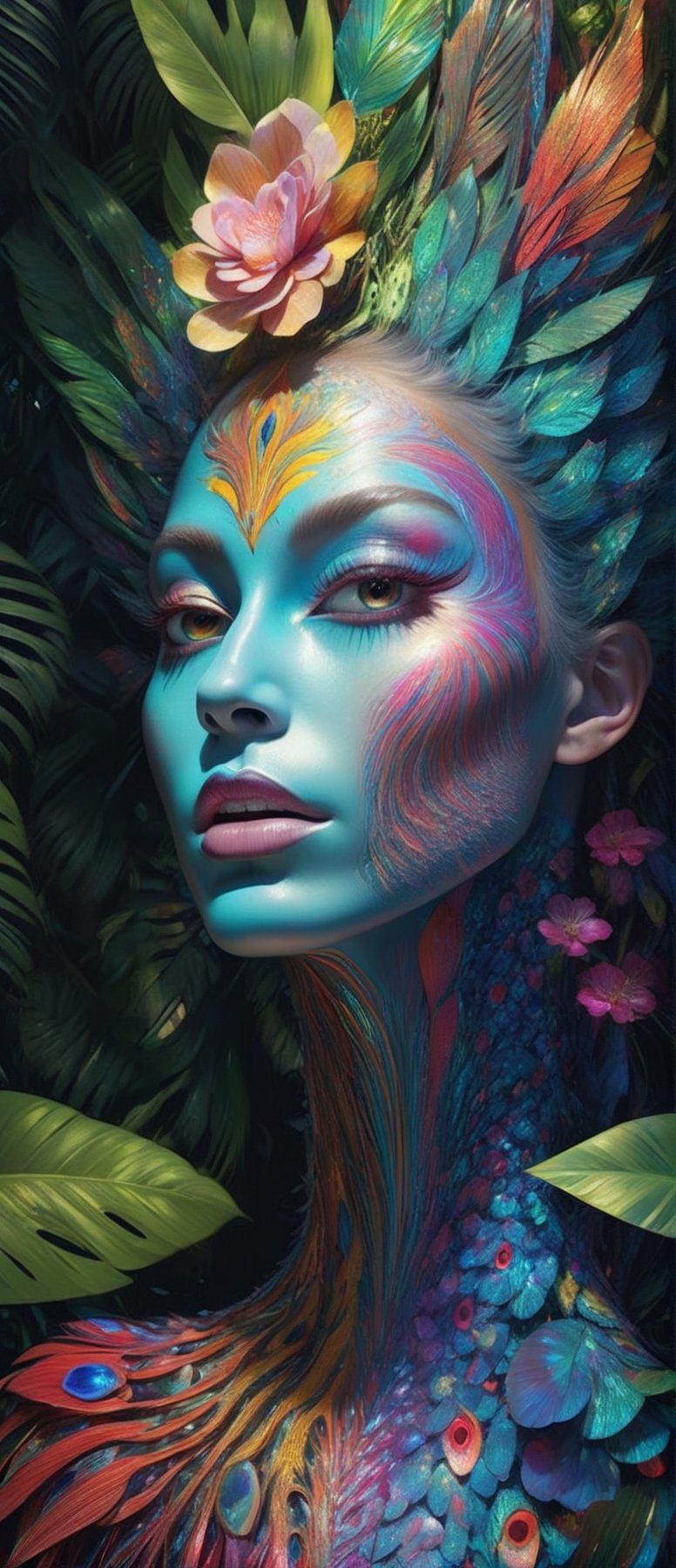 This magnificent half human creature with rainbow iridescent skin, shiny and sparkling, in the rainforest, where it settles in its magical kingdom, brilliant painter, talented masterpiece creator, Yann Dalon, Toni Infante, Amr Elshamy, Viktor Miller-Gausa, 300 dpi, artstation trend, intricate details, high detail, Patty Hankins Macro photography, hyper detailed,b3rli