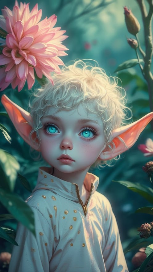 Digital painting of a small, elf-like figure with short curly light hair, expressive blue eyes, highlighted by shallow depth of field, distinct pointed ear, intense observation of a large pink flower, adorned in light-colored dotted garment harmonized with the blurred green foliage backdrop, mystically soft and diffused lighting, balanced exposure, vivid hues of light blue, pink, green, peach for a serene, eerie mood, showc