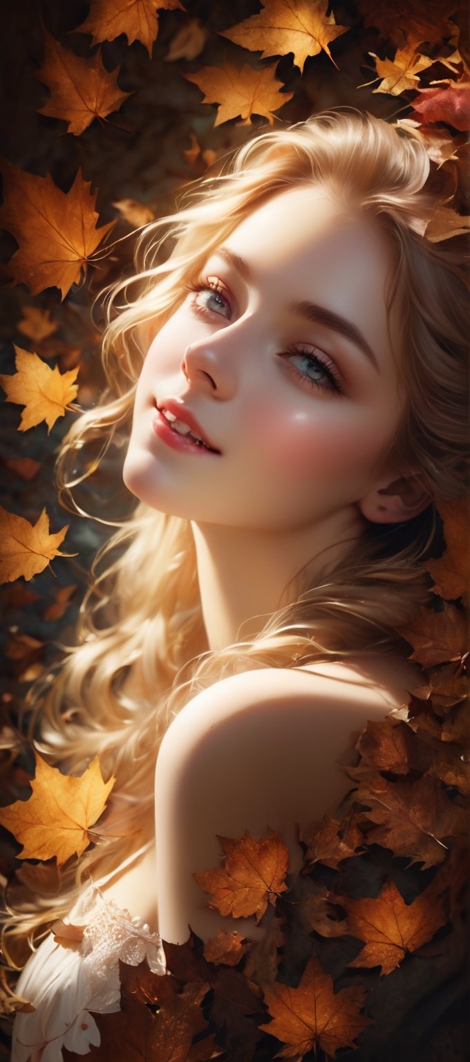 Beautiful soft light, (beautiful and delicate eyes), very detailed, pale skin, (long hair), dreamy, ((front shot)), soft expression, bright smile, art photography, fantasy, jewelry, shyness, soft image, masterpiece , ultra-high resolution, color, very delicate and soft lighting, details, Ultra HD, 8k, highest quality, silhouette of a woman in the fallen leaves, dual screen,