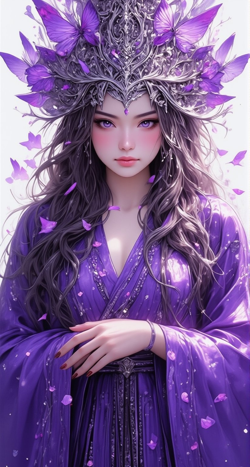 miao gu female, dressed in purple, with complicated silver ornaments on her head, purple eyes, purple butterflies, tall stature, wearing tassels on her waist, clear face, best quality, long hair, splash ink background, super details, super high-definition, eye shadow, beautiful women, rich details, fine hair, dreamy eyes, different pupils, delicately depicting face, delicately depicting eyes, delicately depicting clothes, delicately depicting background, niji 6