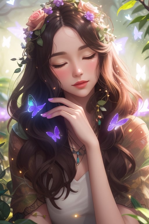 Fantasy in a glass, eyes closed, "ethereal roses, cute animals, glowing little mushrooms surrounded by delicate leaves and branches, and fireflies and glowing particle effects", (natural elements), (jungle theme), (leaves), (branches), (fireflies), butterflies, (delicate leaves), (glow), (particle effects), super realistic, super detailed, dramatic lightning, 4k, masterpiece,