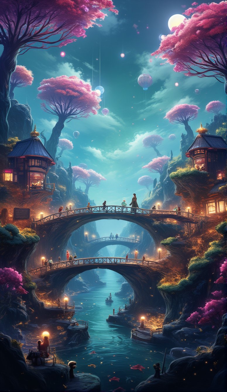 An imaginative and artistic scene of a fantasy world, with a vibrant landscape that includes floating islands, luminescent flora, and whimsical non-human creatures. The creatures are depicted as friendly and whimsical, engaged in peaceful activities that showcase their harmonious existence. Architectural structures with surreal designs dot the landscape, integrating seamlessly with the natural wonders. The atmosphere is filled with soft glows and bioluminescent lights, casting a magical radiance throughout the scene. The color palette is rich and diverse, featuring a range of vivid colors that add depth and vibrancy to the world. This enchanting scene is suitable for a storybook or a family-friendly fantasy film, designed to inspire wonder and captivate the imagination, free from any explicit or inappropriate content. robiness. masterprompter.