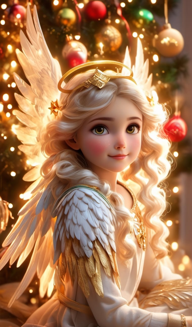 9-year-old girl with beautiful and perfect angel wings, cinematographic illustration, detailed and defined golden angel wings, white dress with golden details, very light eyes with deep and penetrating look, long white hair, Christmas hat, angel girl sitting next to a white Christmas tree with colored lights and red, green and gold Christmas balls, masterpiece, realism, digital art, high quality and resolution, hd, 8k