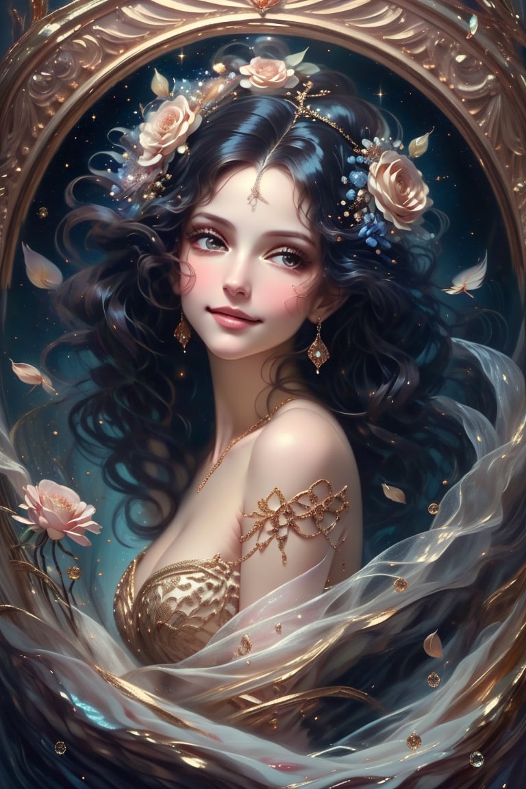 A serene Rococo-inspired masterpiece, set against a complex background of intricately rendered floral patterns and subtle textures. A stunning young woman, radiant in a flowing gold dress, warmly smiles with beautifully detailed glittering eyes that seem to sparkle like gemstones. Her gaze is soft and inviting, as if sharing a secret only with the viewer. The overall lighting is warm and gentle, with soft shadows accentuating her porcelain complexion. The entire scene is brought to life through vivid, UHD-quality oil paint strokes, evoking the opulence and elegance of 18th-century European art.