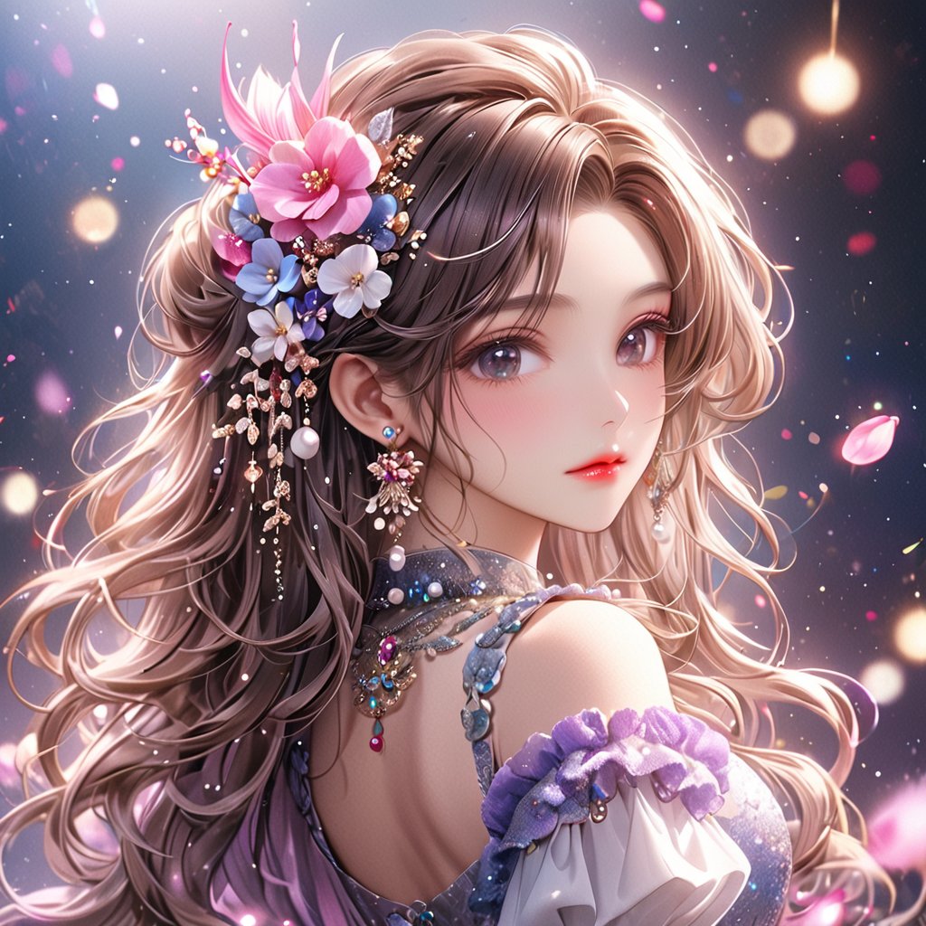 1girl, solo, long hair, looking at viewer, blushing, brunette, hair accessory, dress, , jewelry, closed mouth, upper body, flowers, earrings, looking back, hair flowers, necklace, , dark eyes, lips, eyelashes, Glitter, makeup, depth of field, blurred background, wavy hair, gems, background blur, pearl necklace Chinese classical beauty, 20 years old, empty back, dreamy back, front high definition
,glitter