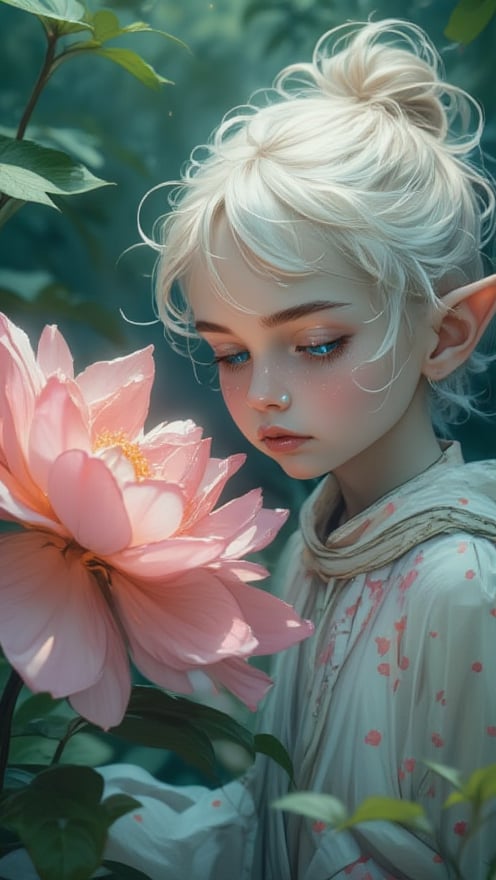 Digital painting of a small, elf-like figure with short curly light hair, expressive blue sparkle eyes, highlighted by shallow depth of field, distinct pointed ear, intense observation of a large pink flower, adorned in light-colored dotted garment harmonized with the blurred green foliage backdrop, mystically soft and diffused lighting, balanced exposure, vivid hues of light blue, pink, green, peach for a serene, eerie mood, showc